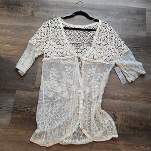 New Kontrol Contemporary Cream Crochet Lace Tie Front Cardigan Boho Mesh Large